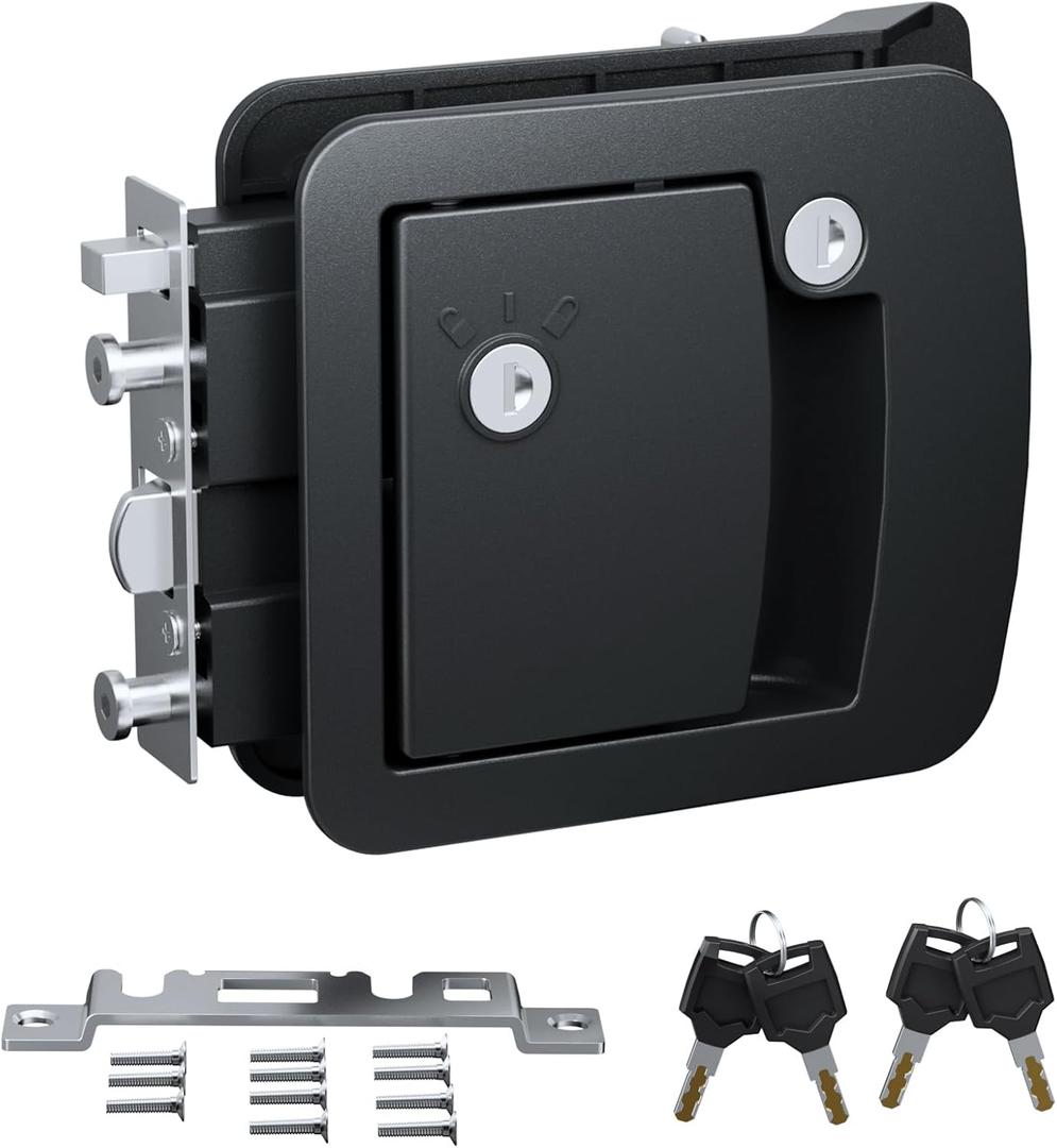 All-Metal RV Door Lock Replacement, Black Motorhome Door Latch Lock Fits 4.25" x 4.50" Opening for Class A and Class C RVs, Includes 4 Keys
