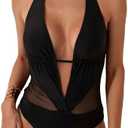 SOLY HUX Women's One Piece Swimsuits Deep V Neck Halter Mesh Monokini Bathing Suits Beachwear Medium