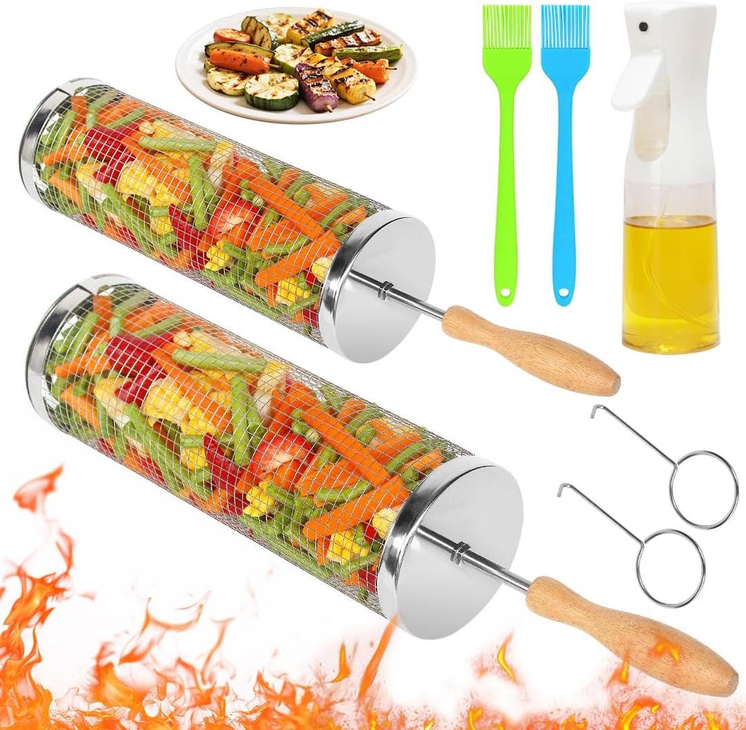 Rolling Grilling Baskets 2 PCS, Stainless Steel BBQ Net Tube Baskets with Oil Sprayer BBQ Accessories Tools for Vegetable Fish Meat Food Camping, Gifts for Men Dad and Husband