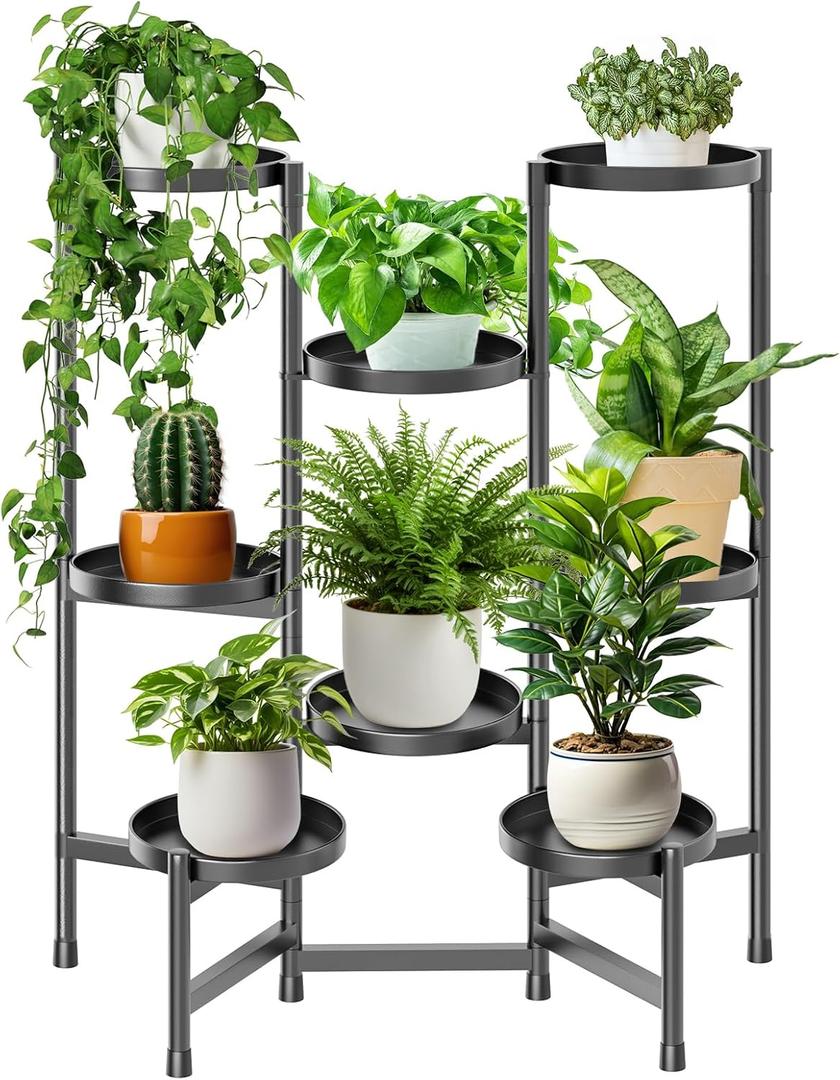 5 Tier Plant Stand Indoor Tall, Adjustable Black Plant Shelf for Multiple 8 Potted Flower Plants Holders, Corner Metal Flower Display Rack for Patio Garden Balcony Living Room Office (A) (8 pots-Black)