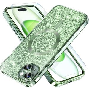 Misea Magnetic for iPhone 15 Plus Case Compatible with MagSafe [Military Grade Drop Protection] Full Camera Lens Protector Plating Glitter Soft Phone Case for Women Girls, Green