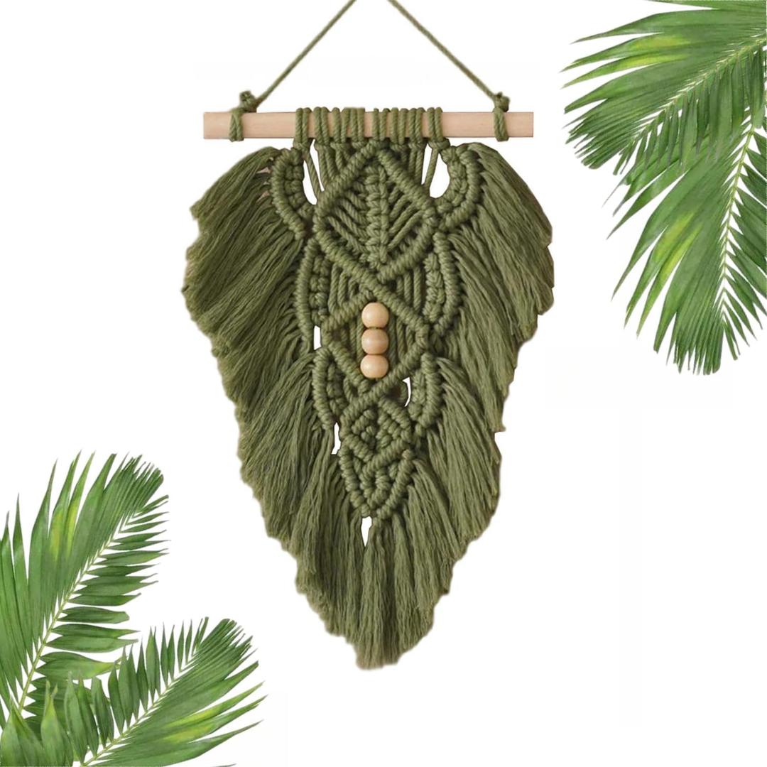 Boho Macrame Wall Hanging Leaves, Green Woven Leaf Tapestry, Tapestry Bohemian Chic Wall Dcor, Feather Walls Hanging Boho Decor for Dorm Home Bedroom Western Room Decoration Gift for Women