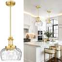 9 Inch Modern Farmhouse Pendant for Kitchen Island, Adjustable Height Hanging Fixture with Ribbed Glass,Brushed Gold, Dining Room Entryway,1 Pack,PL109BG-L