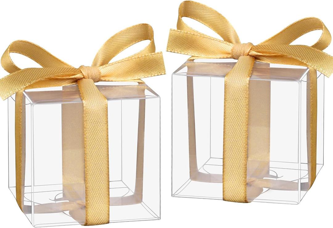 Hooqict 50pcs Favor Boxes 2x2x2 Inches Clear Party Favor Boxes with Ribbons Small Plastic Gift Candy Treat Boxes for Wedding Favors Baby Shower Birthday Classroom (Gold)