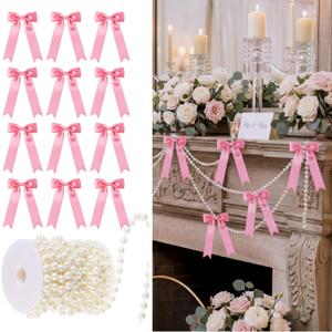 Riceshoot Christmas Tree Bows Decorations Include 12 Pcs Mini Satin Bows and 13.5ft Pearl Garland Bow Garland Banner for Party Xmas Tree Decor Home Wedding Birthday Wrapping(Pink)