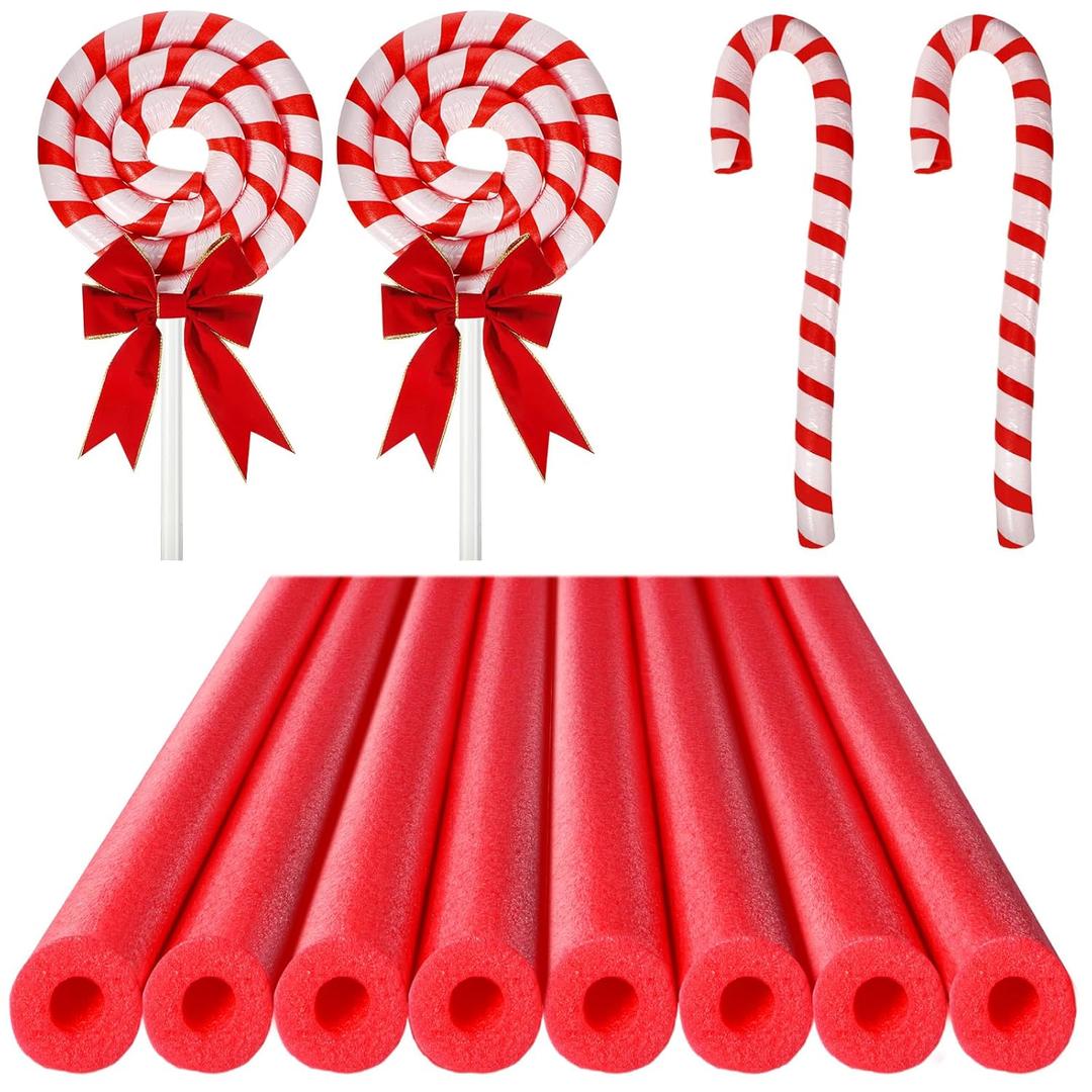 Sratte 8 Pcs Christmas Foam Noodles with Packaging Tape 55 Inch Hollow Foam Noodles for Christmas Decor DIY Craft Projects (Red Noodle, White Tape)