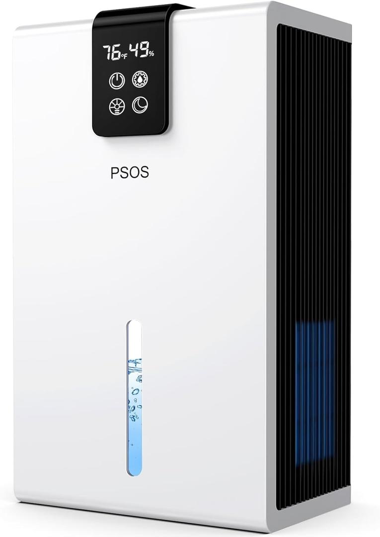 PSOS Dehumidifier, Dehumidifiers for Home, 98 OZ Water Tank, (1000 sq.ft) Quiet Dehumidifier for Basement Bathroom Bedroom with Humidity Display, Auto Shut Off, Relaxing 7 Color Ambient Light(White)