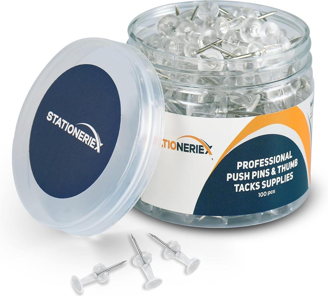 100 Clear Push Pins for Bulletin Board Thumb Tacks for Wall Corkboard Map Calendar Photo -Home Office Craft Projects Heavy Duty Plastic Head Steel Pin (Clear)
