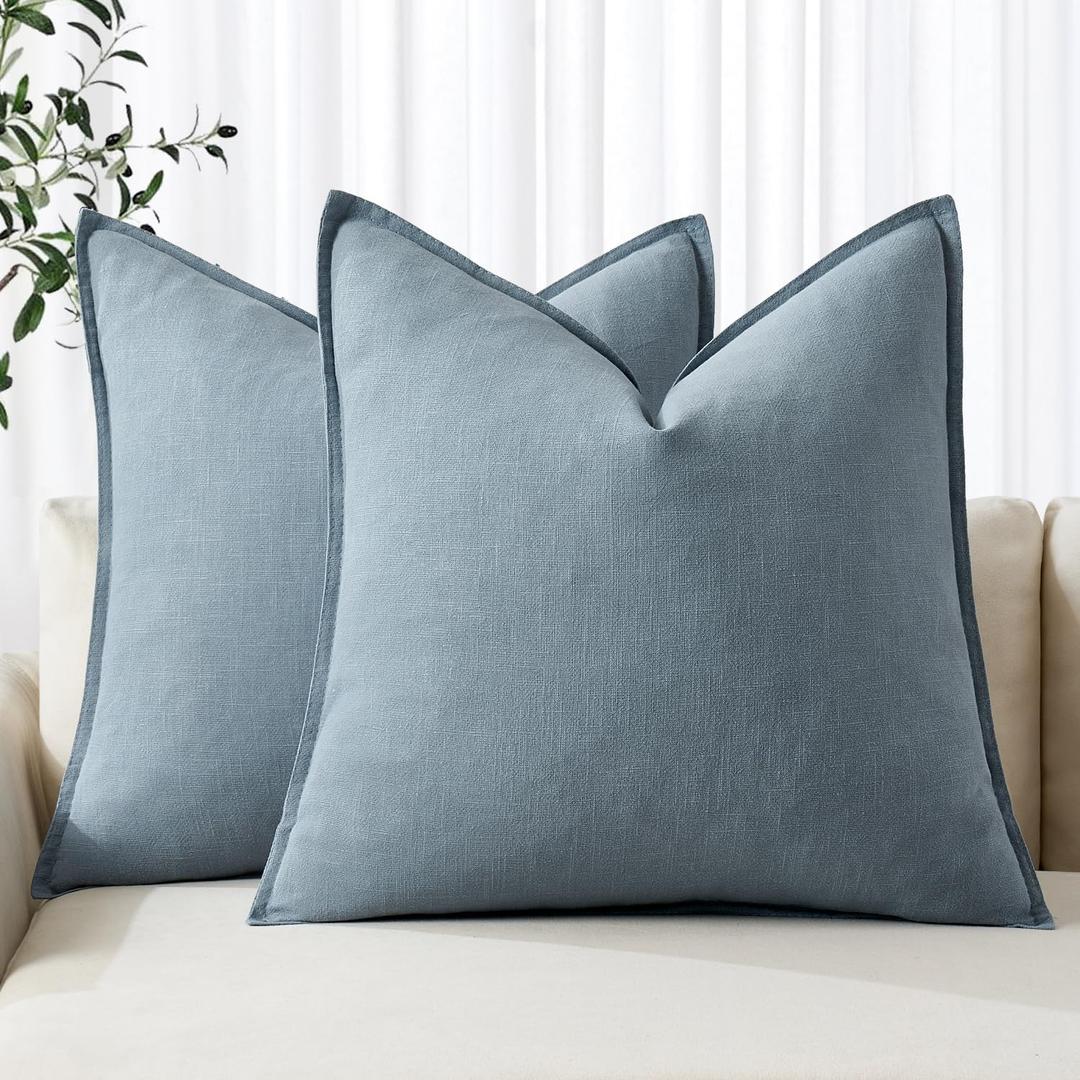 MIULEE Decorative Linen Pillow Covers 18x18 Inch Blue Grey Boho Farmhouse Neutral Couch Throw Pillows for Bed Pack of 2 Accent Coastal Modern Pillowcase Summer Sofa Living Room Home Decor