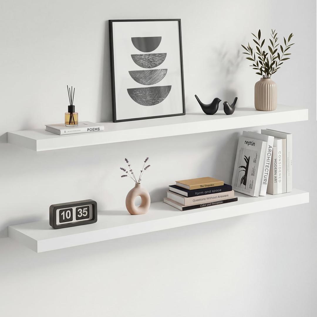 Homeforia White Floating Shelves 42 inch, High End Solid Real Wood 42inch Floating Shelf for Wall Mounted, White Wooden 42in Long Floating Shelves, Heavy Duty Bracket, 42 X 6.5 X 1.75 inches, Set of 3