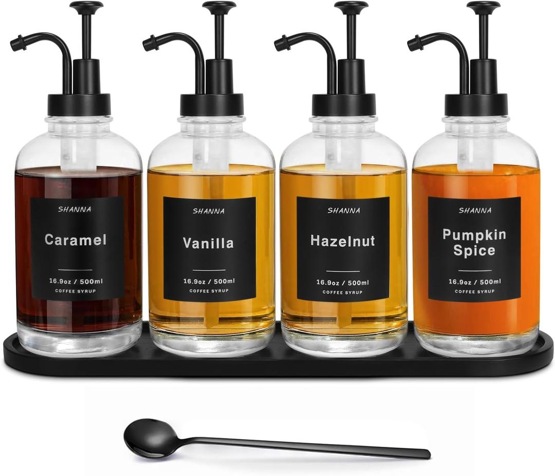 Coffee Syrup Dispenser for Coffee Bar, 16.9oz 500ml Glass Syrup Dispenser w Black Coffee Scoop, Coffee Syrup Pump Dispenser w 36 Labels and Bamboo Tray, Coffee Syrup Bottles with Black Pump, 4PCS