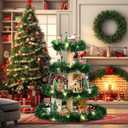 44pcs 4 Tier Tabletop Wooden Winter Village Tree Set 1.67 ft Village Display Stand with Snow Blanket Garland and String Light Winter Houses Mini Tree DIY for Holiday Decoration