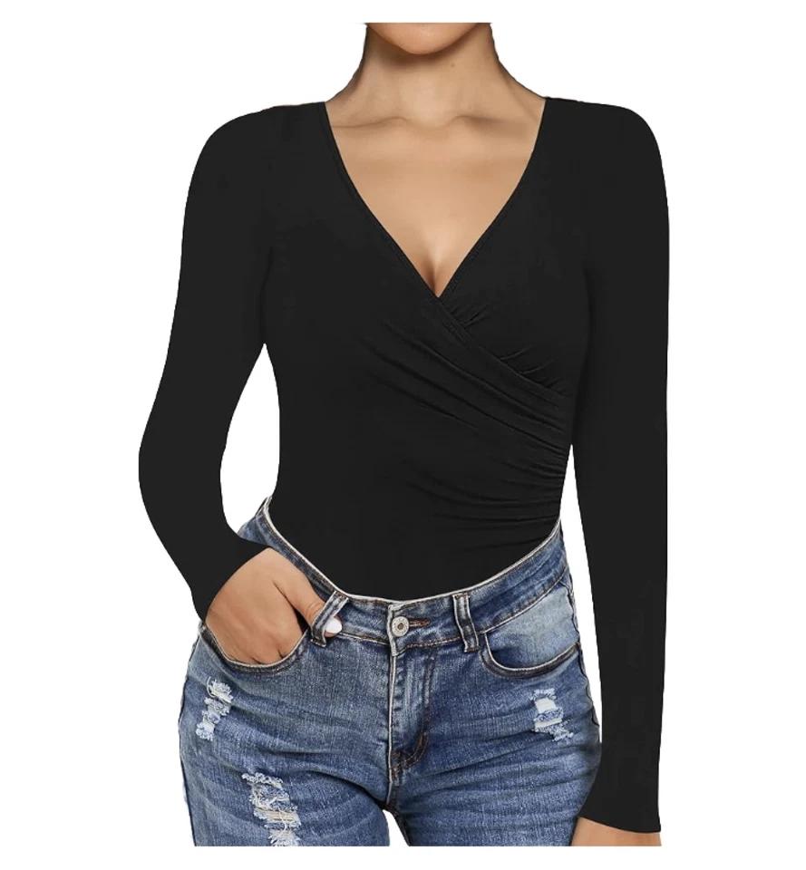 Mangopop Bodysuit Black Long Sleeve Cross Wrap Ruched Women’s Size Large