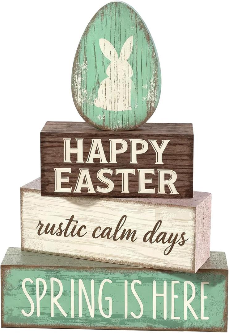 Easter Decorations - Happy Easter Bunny Egg Tiered Tray Decor - Wooden Easter Tabletop Sign - Rustic Farmhouse Spring Home Decor Indoor for Tiered Tray Shelf Mantel Entryway Coffee Table