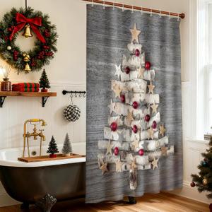 BROSHAN Farmhouse Christmas Shower Curtain Grey and Red, Rustic Fabric Christmas Shower Curtains for Bathroom, Winter Holiday Bathroom Decor Xmas Tree Shower Curtain Set with Hooks