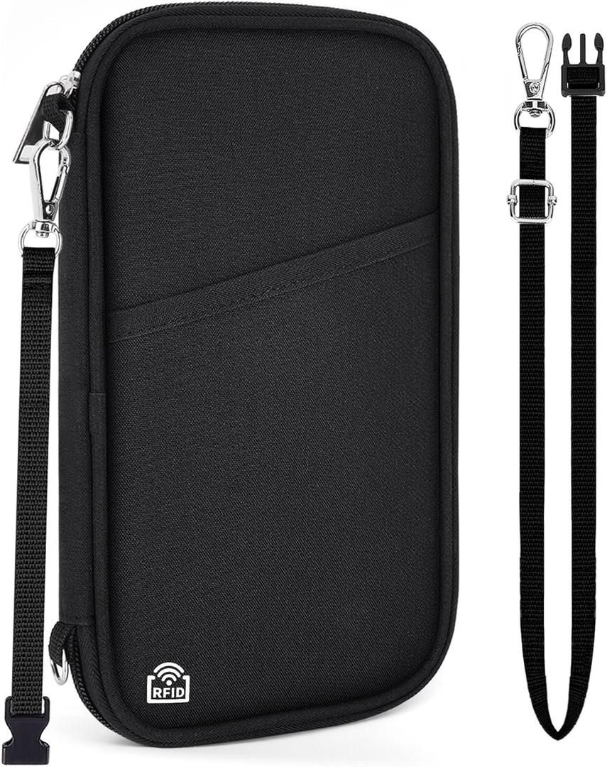 Family Passport Holder for Travel, RFID Blocking Travel Document Organizer with Flexible Carrying Style, Portable Passport Wallet and Essentials for Travel (Black)