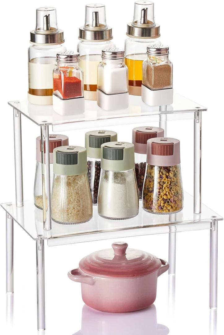 Nuoex Clear Acrylic Cabinet Organizer Shelf, Set of 2 Spice Rack Organizer for Kitchen, Countertop Desk Organizers Display Riser Shelves, Stackable Kitchen Cabinet Shelf, Pantry Storage