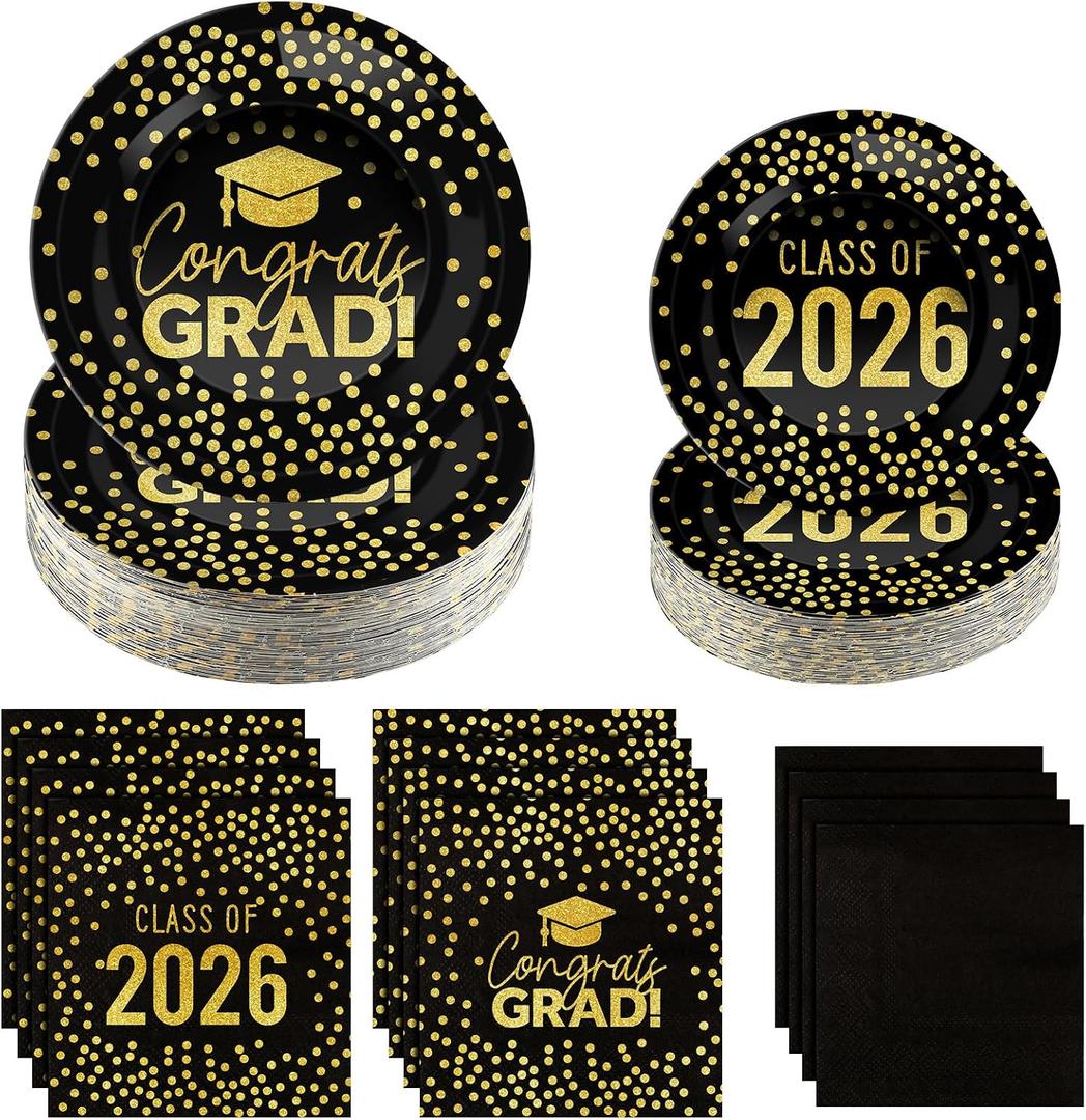FoldTier 200 Pcs Graduation Plates and Napkins 2026, Black and Gold Graduation Decorations, Class of 2026 Congrats Grad Paper Plates and Napkins for College High School Graduations Party, Serve 50