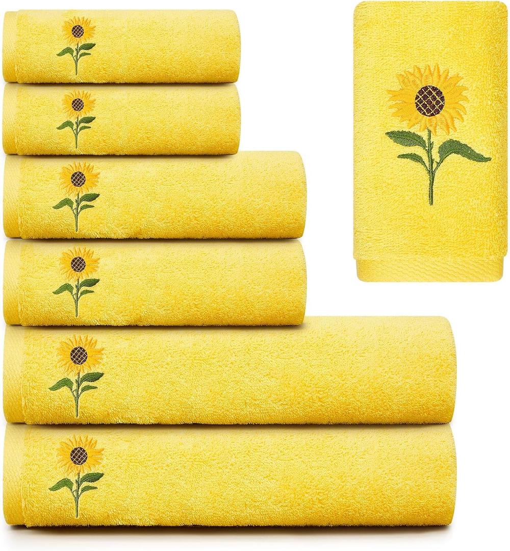 Peryiter 6 Pack Cotton Sunflower Bath Towels Set Spring Summer Yellow Towels for Bathroom, Soft and Absorbent, Contains 2 Bath Cloth, 2 Hand Cloth and 2 Wash Cloths