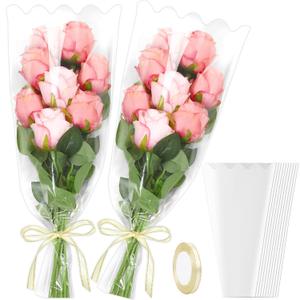 Jansun 40 Pack Transparent Flower Bags for Bouquets Kraft Floral Wrap Sleeves with Ribbon Bouquet Wrapping Paper for Wedding DIY Florist Supplies (19x11Inches)