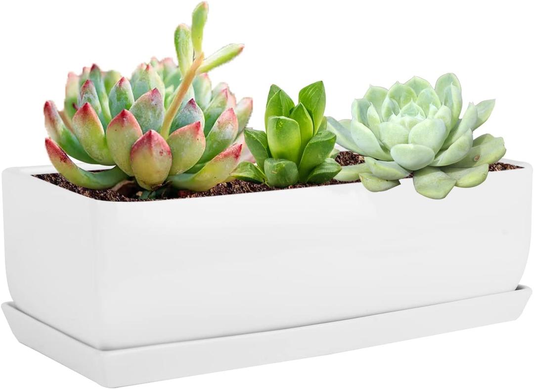 Vencer 14 Inch Rectangular Modern Minimalist Ceramic Succulent Planter Pot - Window Box with Saucer,Office Desktop Potted Stand,White,VF-0173W