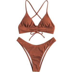 ZAFUL Women's Sexy Triangle Bikini Set Floral Print Spaghetti Strap 2 Piece Swimsuit Crisscross High Cut Bathing Suit (Large, 1-coffee)