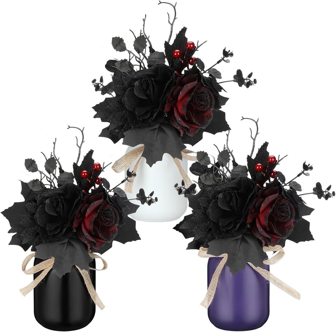 Gejoy 3 Pcs Halloween Table Decor Set Mason Jar with Artificial Flower Black Red Table Centerpieces Faux Flowers with Vases for Halloween Floral Arrangements Home Decorations
