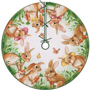 Easter Bunny Christmas Tree Skirt, 48 Inches Lace-up Spring Cute Rabbit Green Tree Skirt, Carrot Butterfly Spring Holiday Party Indoor Decoration Home Decor