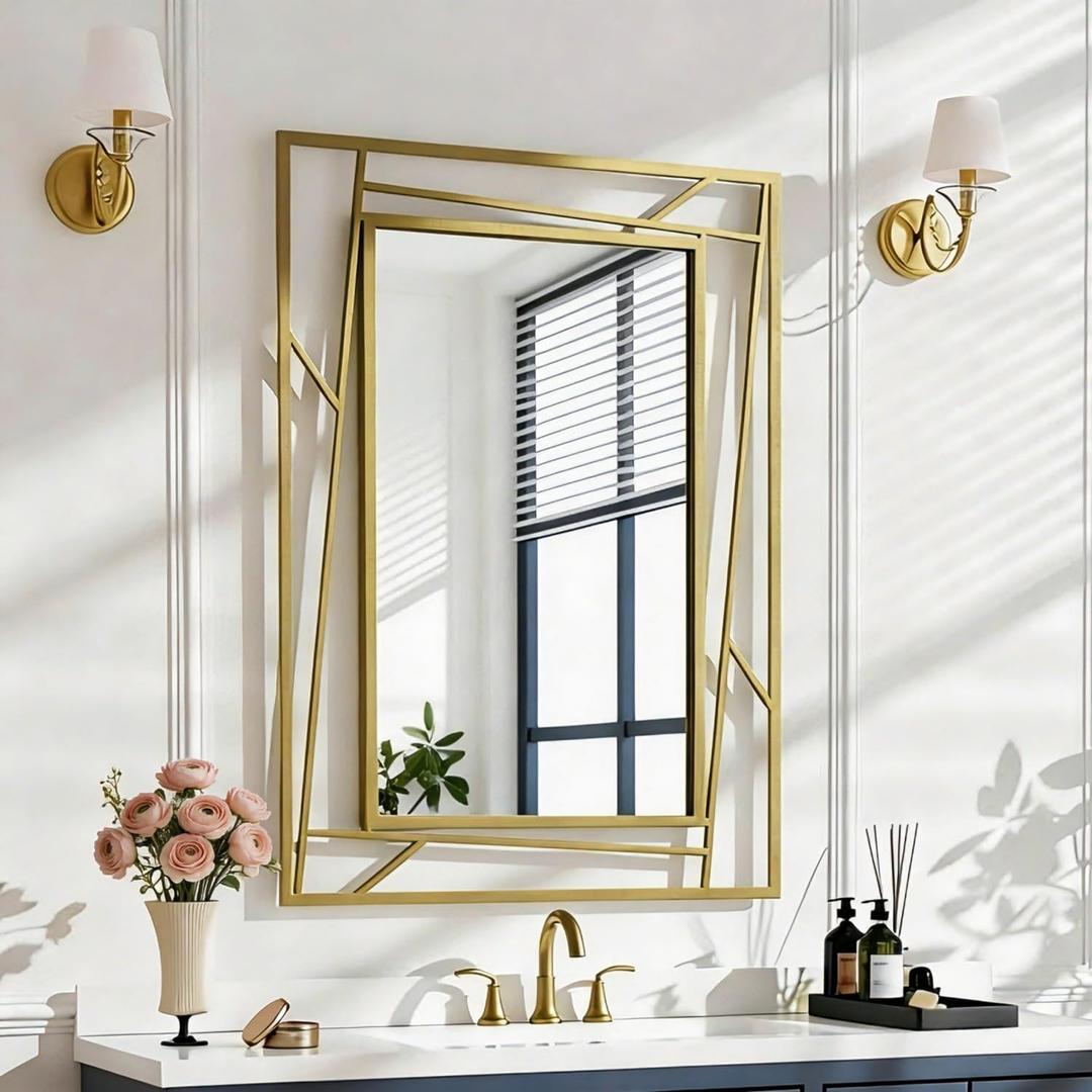Brushed Gold Bathroom Mirror - 36''X24'' Rectangular Wall Mirrors with Geometric Metal Frame for Bathroom Bedroom Living Room, Hang Horizontally or Vertically