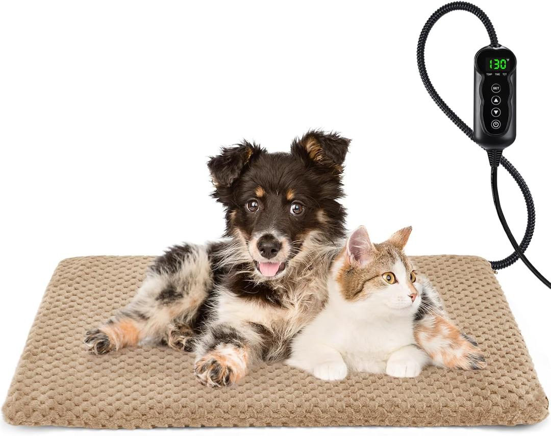 INVENHO Heated Dog Bed, Waterproof Adjustable Temperature Dog Cat Heating Pad with Timer, Indoor Pet Heating Pad for Cats Dogs Electric Pads for Dogs Cats, Pet Heated Pad (M: 28" x 20", Brown)