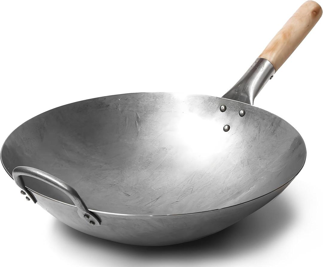Craft Wok Traditional Hand Hammered Chinese Carbon Steel Wok with Wooden and Steel Helper Handle (14 Inch, Round Bottom Pow Wok Pan) 