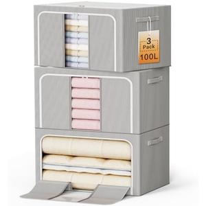 LeArex Clothes Storage Bins with Metal Frame Foldable Storage Box Clothes Organizers Storage Containers for Clothes Sheets Blankets Books Toys Gifts and Holiday Decorations (100L x 3 Pack)
