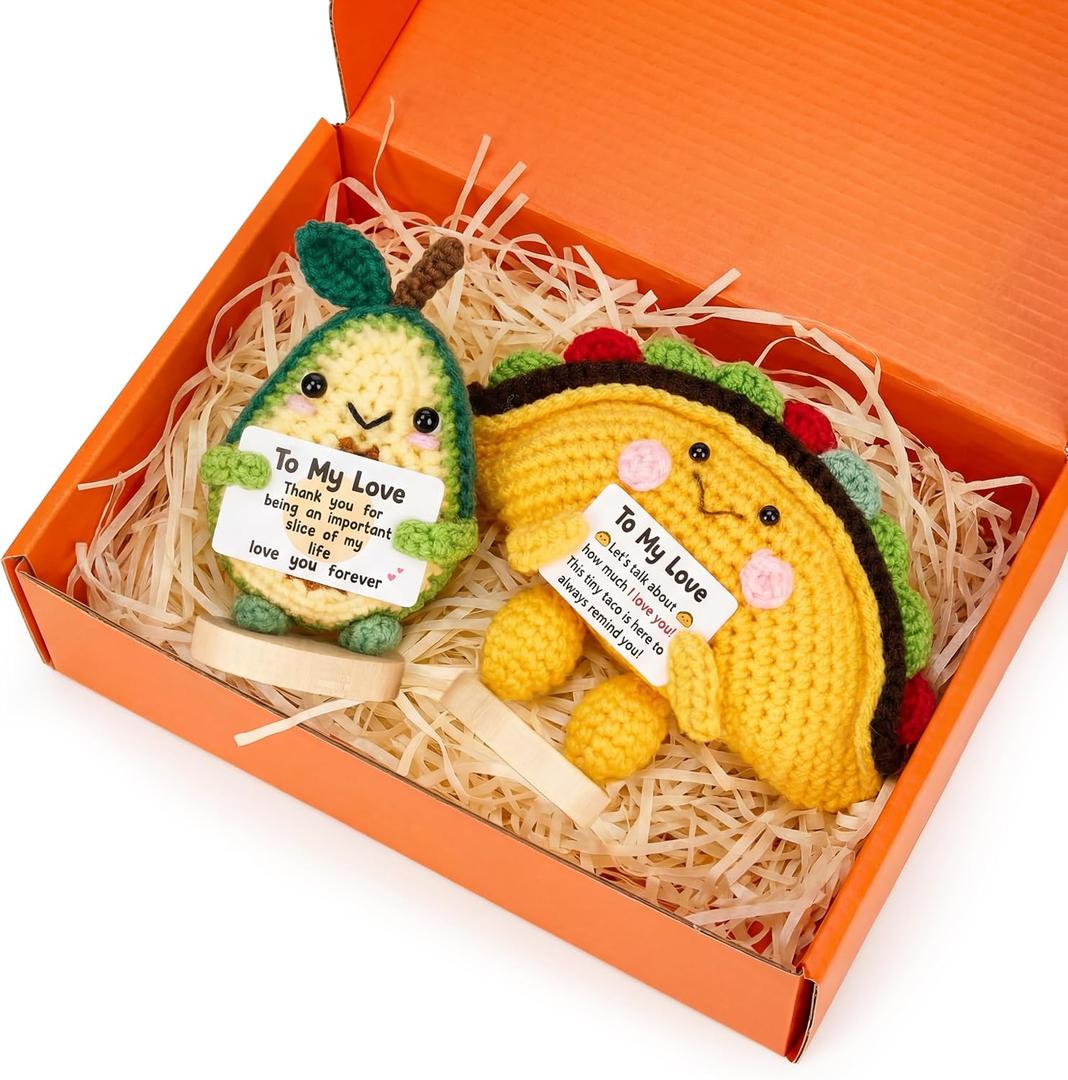 Gifts for Him Her Boyfriend Girlfriend, 2Pcs Handmade Crochet Taco and Avocado to My Love, Anniversary Birthday Gifts for Women Men, I Love You Emotional Support Doll Romantic Gift for Wife Husband