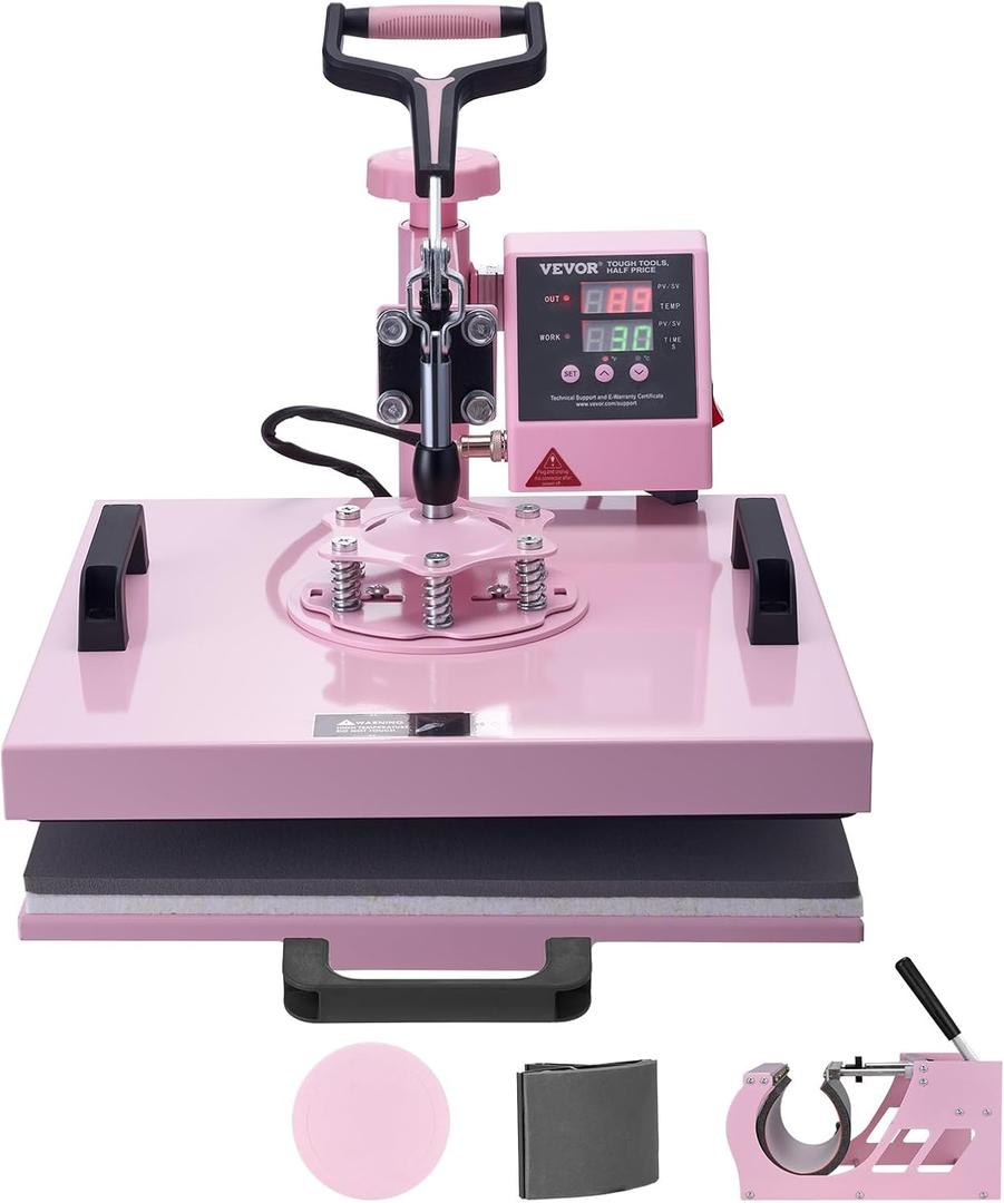 VEVOR Heat Press Machine 15x15 inch, Heat Press Machine for T-Shirts, 5 in 1 Heat Press with 30 OZ Tumbler Press, Combo Tumbler Heat Press Machine Sublimation for Hat Cap Mug Plate, Pink