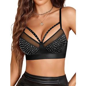 Avidlove Sexy Bras for Women Rhinestone Wireless Bralettes Lace V Neck Wirefree Bra Strappy Rave Outfit NO Padded (Black, L)