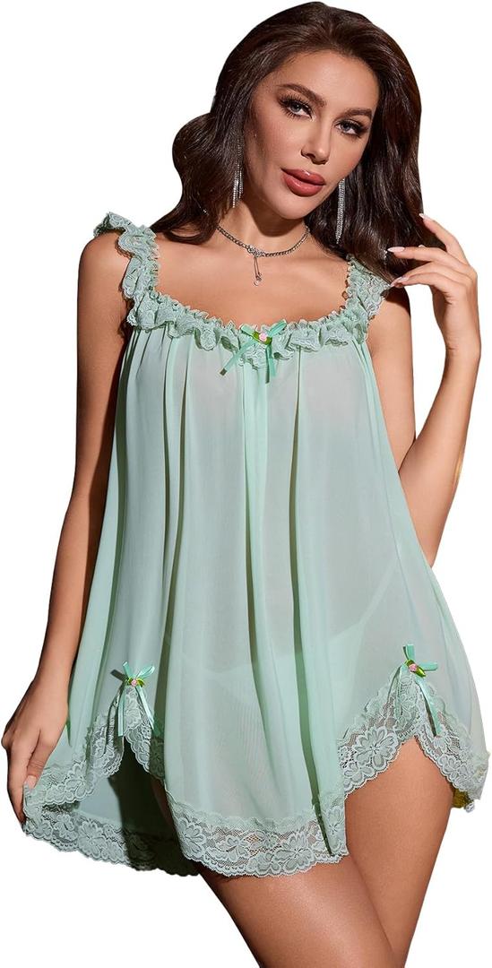 OYOANGLE Women's 2 Piece Mesh Sheer Floral Lace Babydoll Slip Dress Nightgowns and Thong Lingerie Set (Large, Mint Green)
