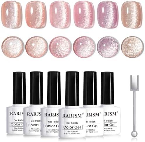 RARJSM Nude Cat Eye Gel Polish Set 6 Pcs Sparkle Diamond Glitter Sheer Purple Soft Pink Chanpagne Gold Velvet Ice Jelly Glass Cateye Gelpolish with Magnet Stick UV LED Curing Requires Home Manicure