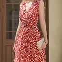Women's Summer Floral Dress Sleeveless V-Neck Dress with Pockets - Fit and Stylish for Daily Wear (Red, L)