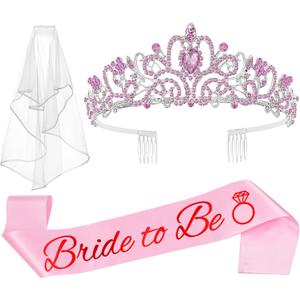 JETKONG 3 Pcs Bachelorette Party Decorations Bridal Shower Crown, Bride to Be Sash&Veil for Women Bachelorette Party Gifts, Bachelorette Party Supplies, Gifts, Favors (Pink)
