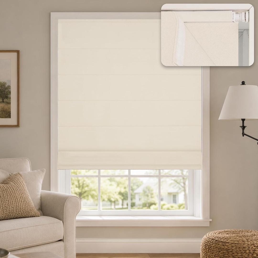 Hestia No Drill Cordless Roman Shades for Windows, Beige, 20" W x 64" H