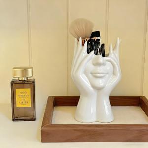 Decorative Face Makeup Brush Holder, White Ceramic Sculpture Design, 7x4.7 Inch, Cosmetic Organizer for Vanity