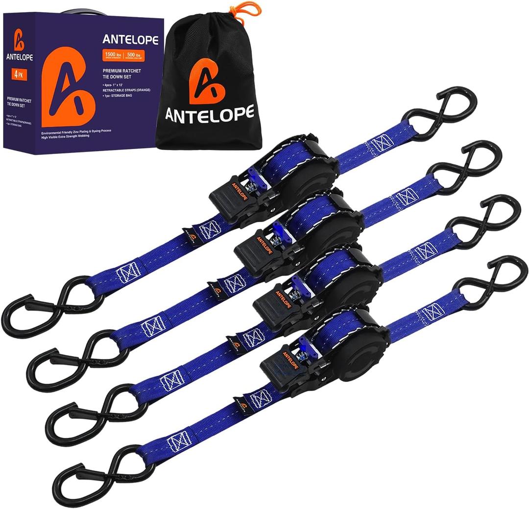 A ANTELOPE 4-Pack Auto Retractable Ratchet Strap Bundles 1" x 12', 1500 lbs Breaking Strength Each, Heavy Duty Tie-Down Straps for Securing Cargo, Weather Resistant Security S-Hooks (Blue)