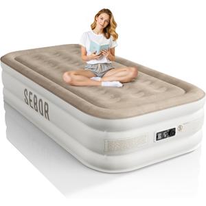 Sebor Air Mattress Twin with Built-in Pump 18", Comfortable Self-Inflating Air Mattress with High-Speed Pump, Durable Blow Up Mattress Twin with Storage Bag for Guests, Camping, Travel (Khaki)