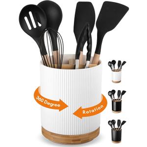 LoeJan 7.5" Utensil Holder, 3 Compartment Ceramic Kitchen Utensil Holder with Cork Bottom, Large Utensil Crock for Countertop, Cooking Tool Organizer Set for Kitchen Counter(White,Vertical Stripe)