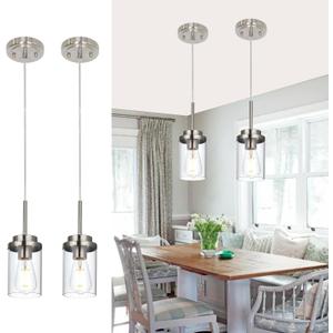 MELUCEE 2 Pack Pendant Lights Kitchen Island Brushed Nickel Adjustable Hanging Ceiling Lamp with Clear Glass Shade, Modern Glass Pendant Lights for Dining Table Hallway Living Room