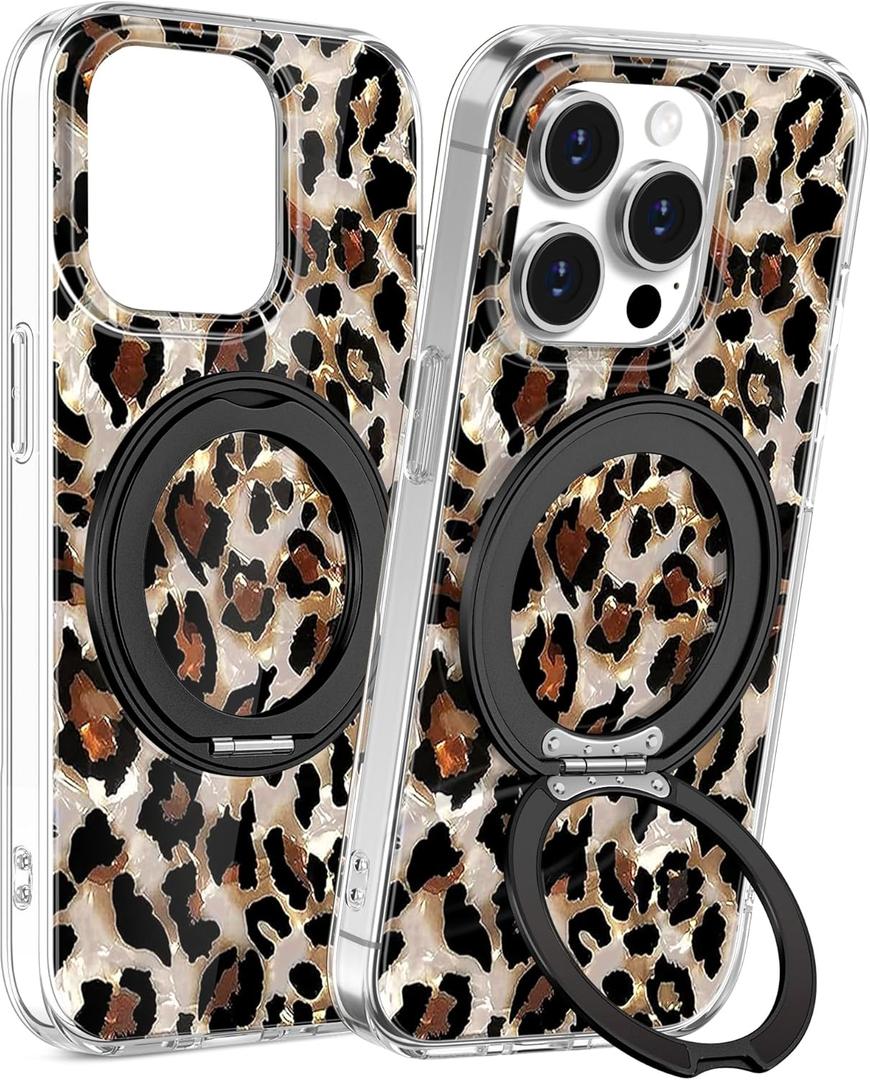 Loheckle for iPhone 14 Pro Case with Stand- Compatible with MagSafe Women Girls Cute Girly Aesthetic Unique Design Soft TPU Magnetic Ring Phone Cover for Apple 14 Pro, Leopard