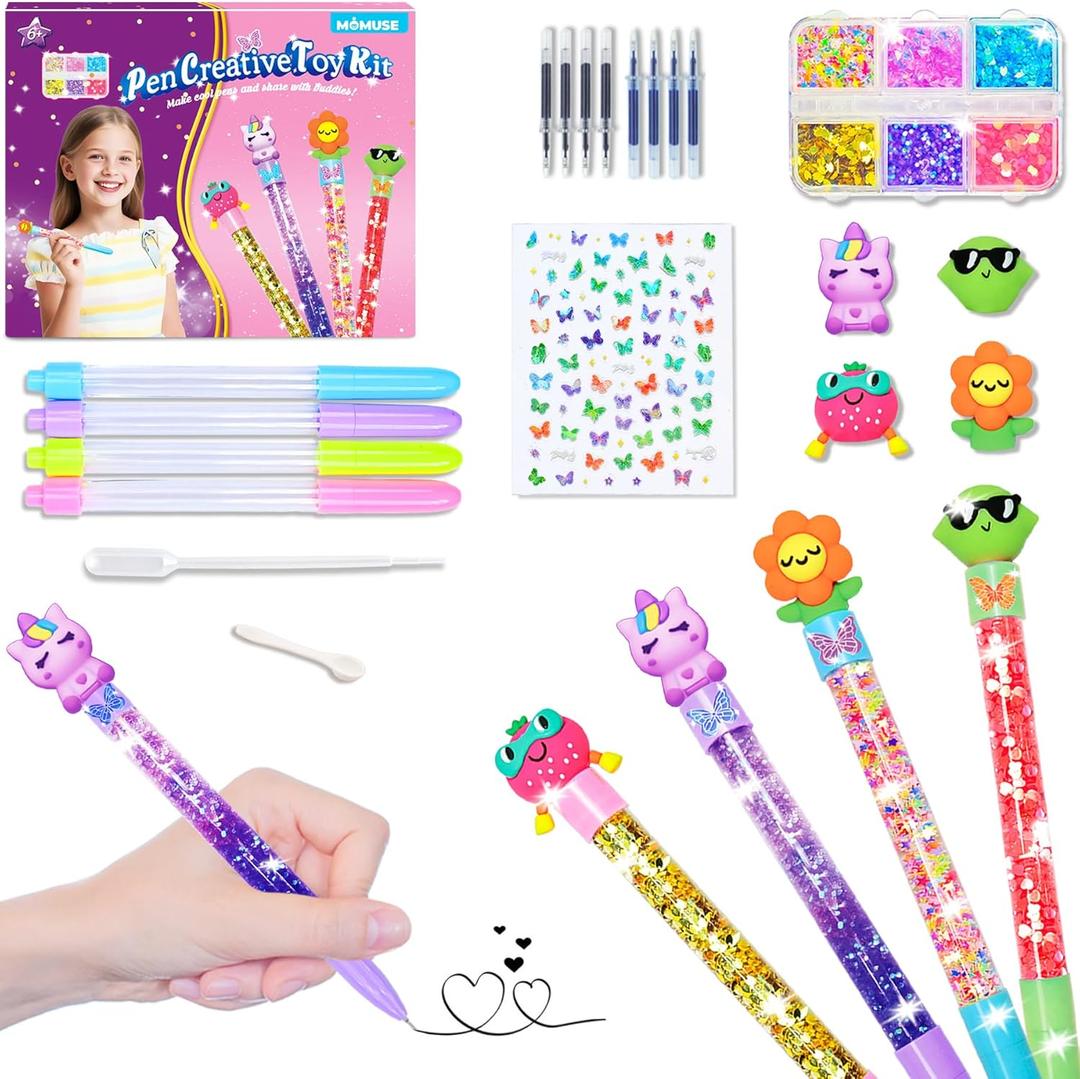 MOMUSE DIY Pen Making Kit, Fun Pen Creator Studio  Make You Own 4 Sparkly Glitter Pens, Creative Art and Craft Kits Toys for Kids Girls Tweens 6 7 8 9 10 11 12 Years Birthday Gift Present
