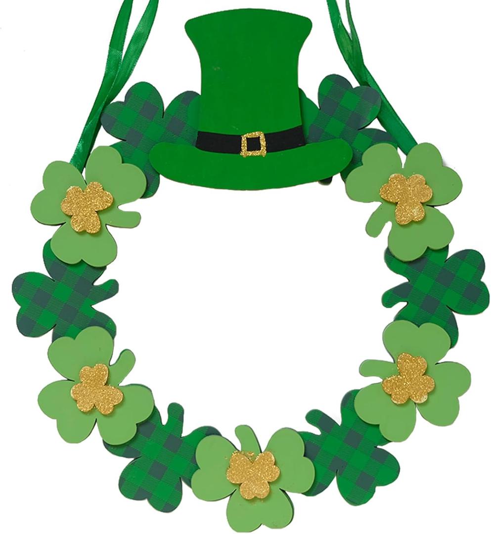 7 x 12 Inch St Patricks Day Shamrock Wood Hanging Welcome Sign Wreath for Front Door, Saint Patricks Lucky Shamrock Wood Sign with Gold Glitter and Plaid for Indoor Outdoor