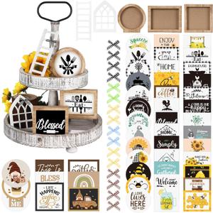 48 Pcs Interchangeable Seasonal Tiered Tray Decor Set Farmhouse Patriotic Summer Tiered Decoration Include Wood Frames with Ladders Card Bow Knot Tray Not Included(Modern Color,Farmhouse Home Kitchen)