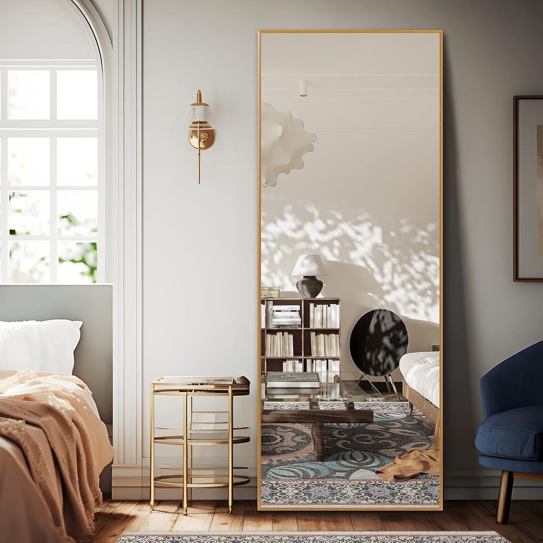 NeuType 64"x21" Full Length Mirror Floor Mirror with Standing Holder Aluminum Alloy Frame Bedroom Dressing Mirror Standing Hanging or Leaning Against Wall, Golden